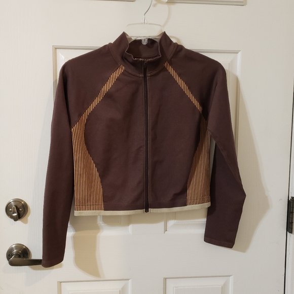 Fabletics Size Large Tan and Brown Bomber Jacket with Contrast Panels - Picture 1 of 6